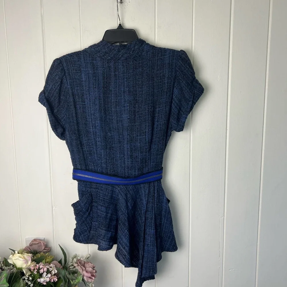 Nanette Lepore Blue Tweed Belted Asymmetrical Blazer size 10 - Picture 3 of 9